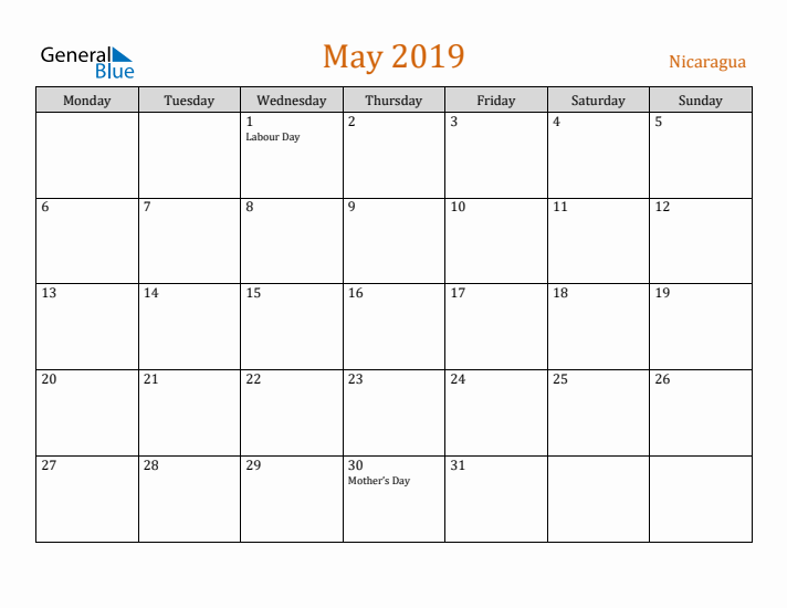 May 2019 Holiday Calendar with Monday Start