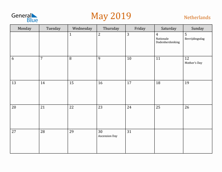 May 2019 Holiday Calendar with Monday Start