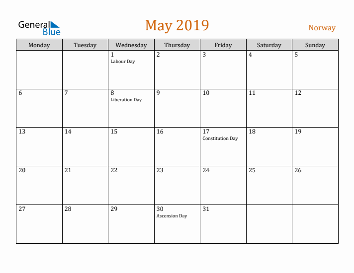 May 2019 Holiday Calendar with Monday Start