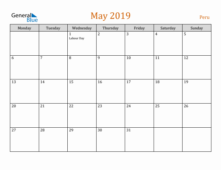 May 2019 Holiday Calendar with Monday Start