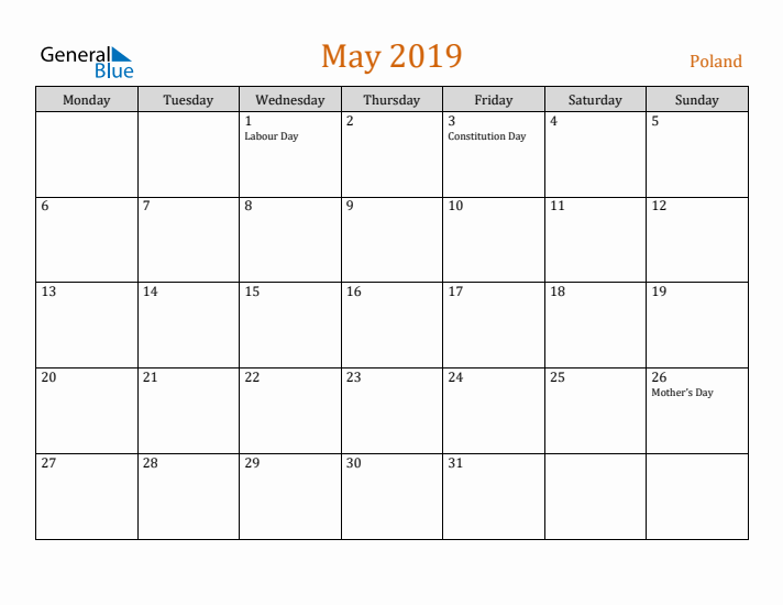 May 2019 Holiday Calendar with Monday Start