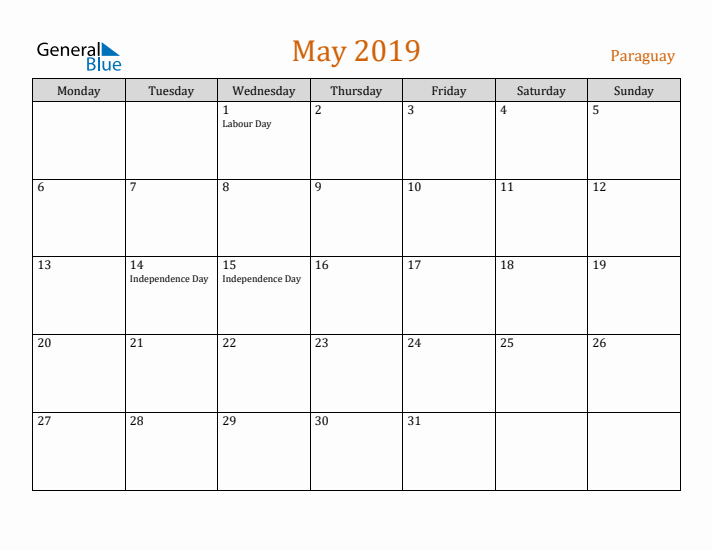 May 2019 Holiday Calendar with Monday Start