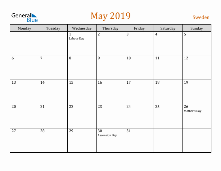 May 2019 Holiday Calendar with Monday Start