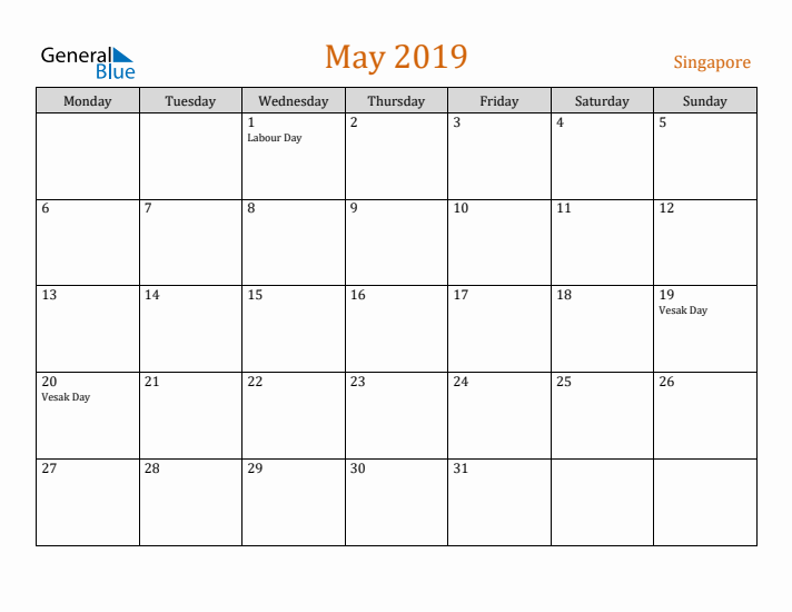 May 2019 Holiday Calendar with Monday Start