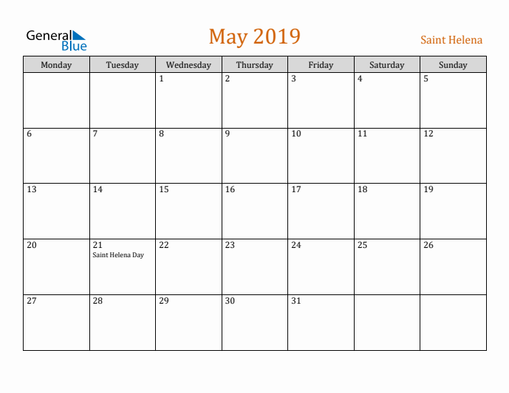 May 2019 Holiday Calendar with Monday Start