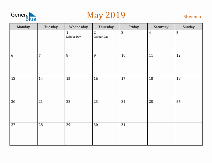 May 2019 Holiday Calendar with Monday Start