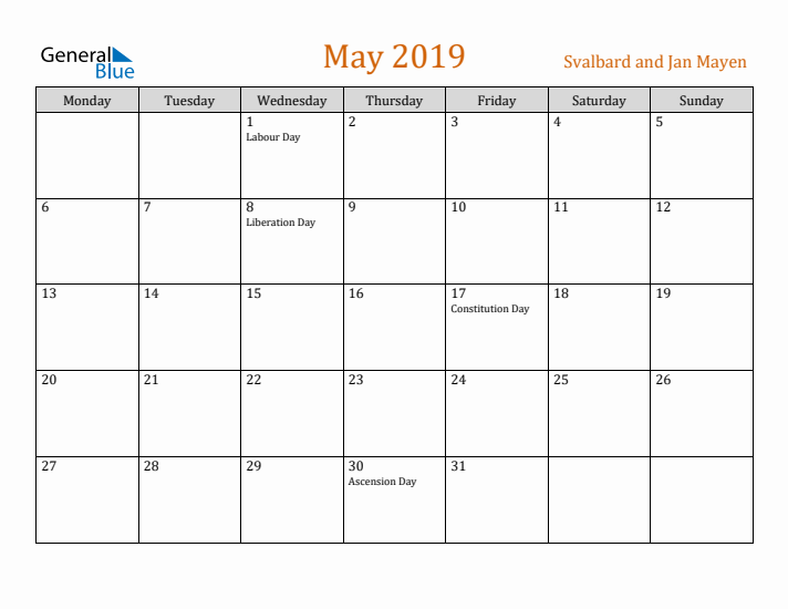 May 2019 Holiday Calendar with Monday Start