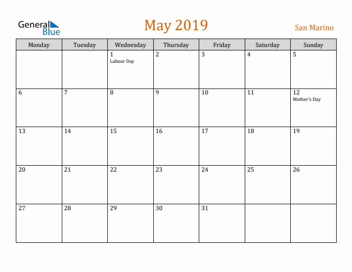 May 2019 Holiday Calendar with Monday Start