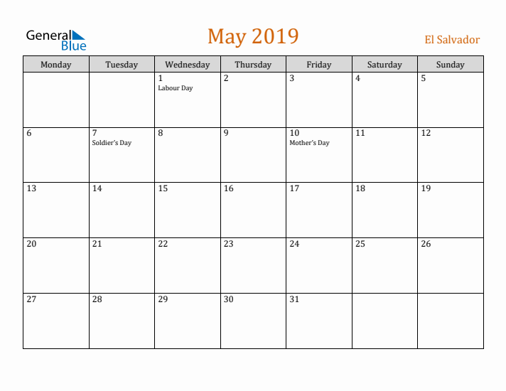 May 2019 Holiday Calendar with Monday Start