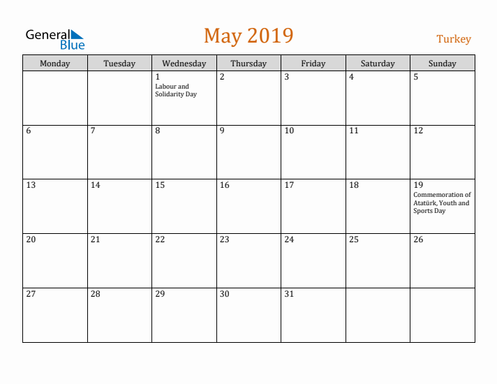 May 2019 Holiday Calendar with Monday Start