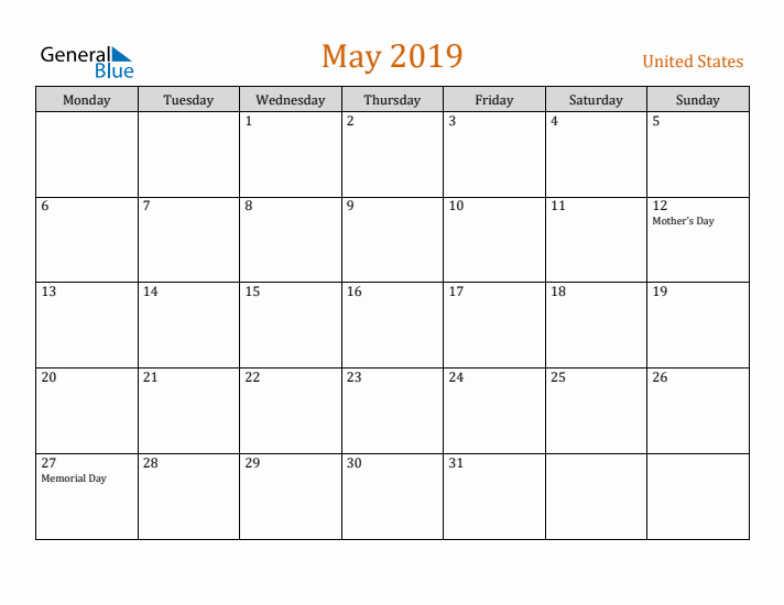 May 2019 Holiday Calendar with Monday Start