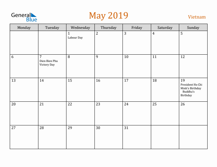 May 2019 Holiday Calendar with Monday Start