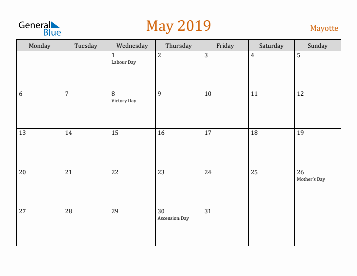 May 2019 Holiday Calendar with Monday Start