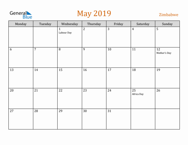 May 2019 Holiday Calendar with Monday Start