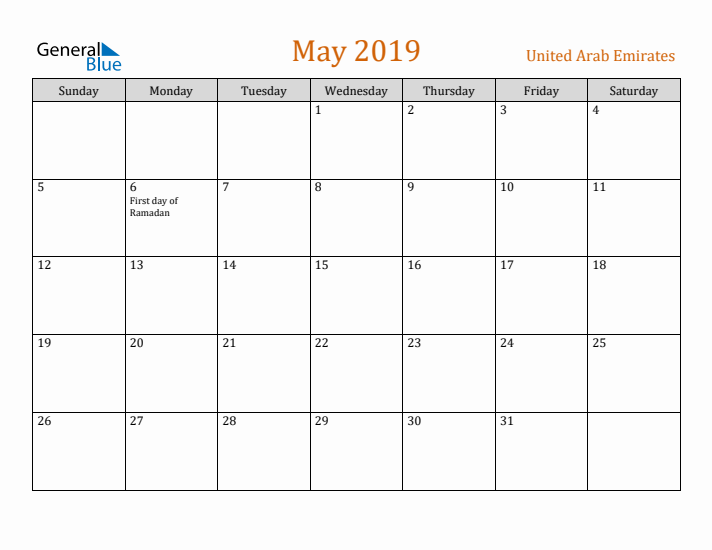 May 2019 Holiday Calendar with Sunday Start