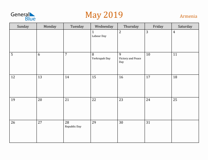 May 2019 Holiday Calendar with Sunday Start