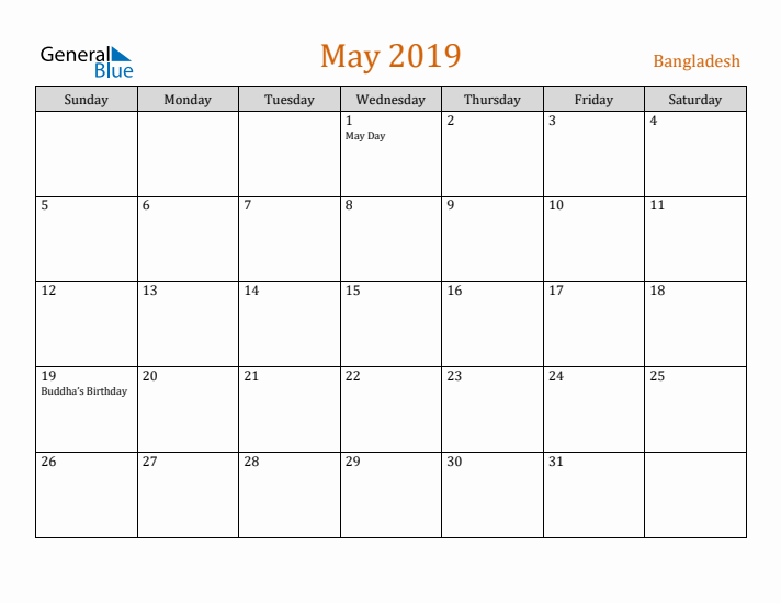 May 2019 Holiday Calendar with Sunday Start