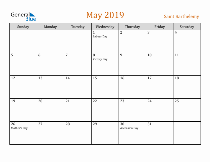 May 2019 Holiday Calendar with Sunday Start