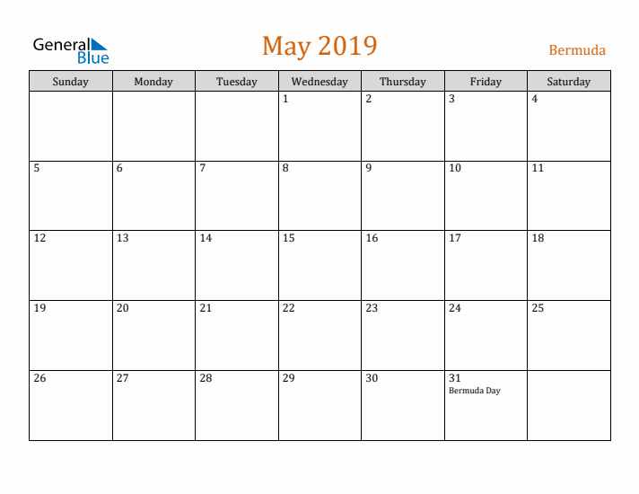 May 2019 Holiday Calendar with Sunday Start