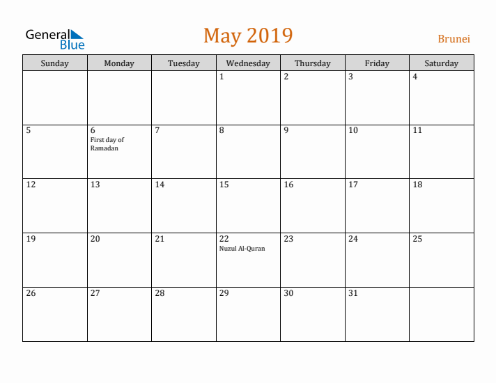 May 2019 Holiday Calendar with Sunday Start