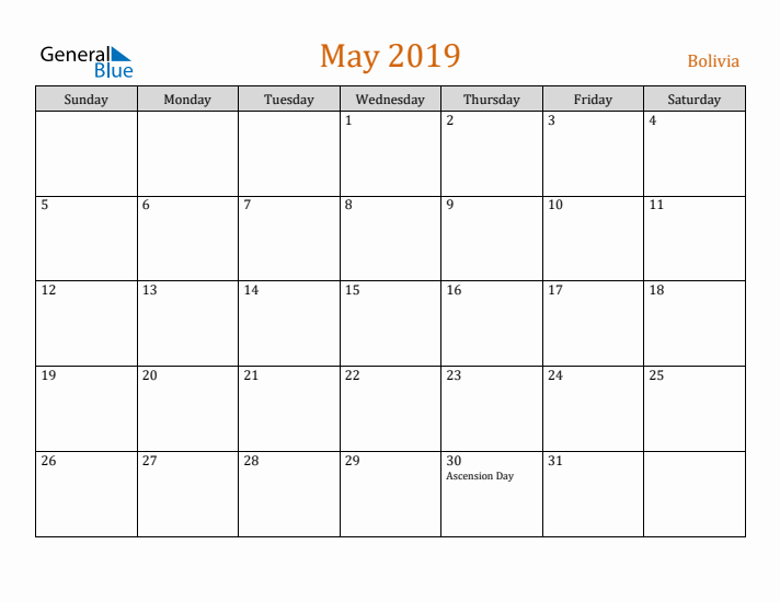 May 2019 Holiday Calendar with Sunday Start