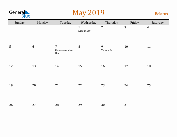 May 2019 Holiday Calendar with Sunday Start