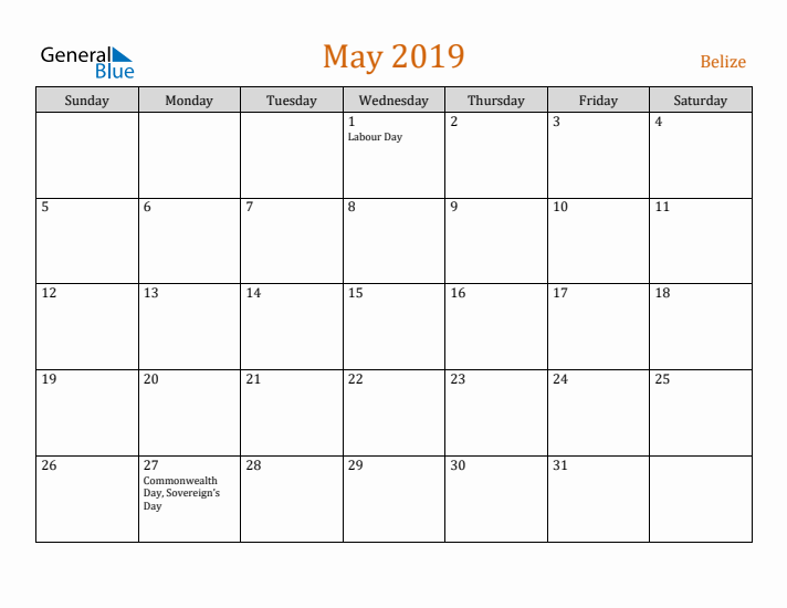 May 2019 Holiday Calendar with Sunday Start