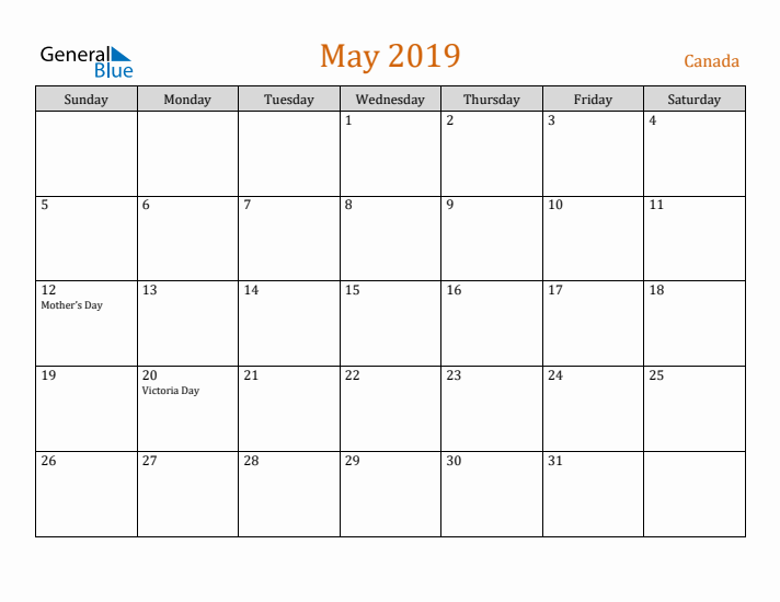 May 2019 Holiday Calendar with Sunday Start