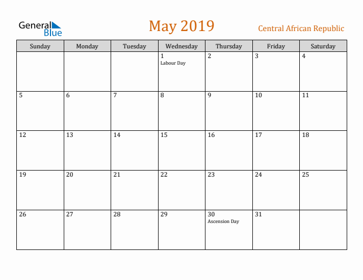 May 2019 Holiday Calendar with Sunday Start