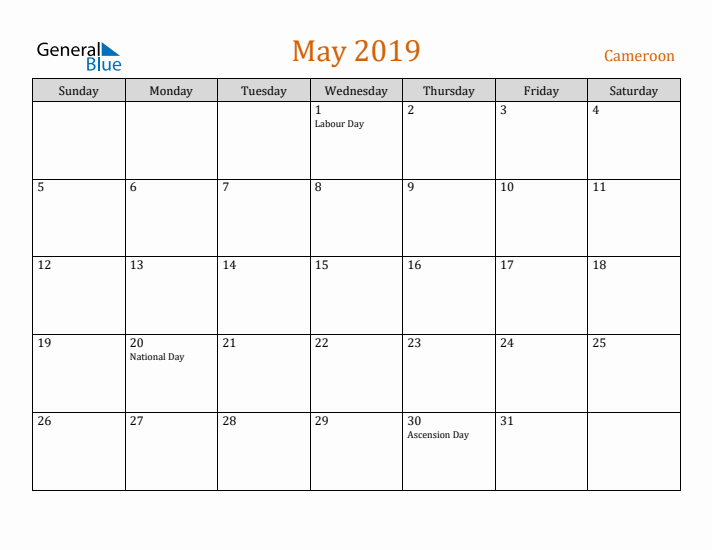 May 2019 Holiday Calendar with Sunday Start