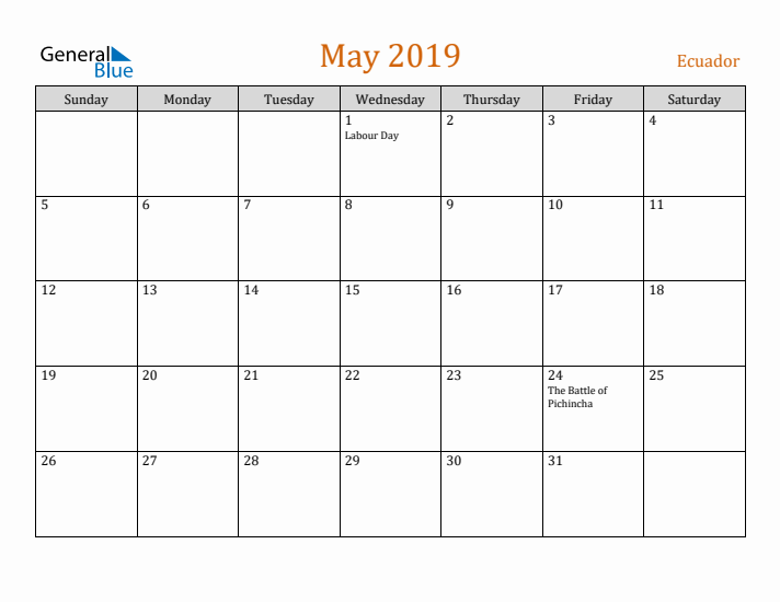 May 2019 Holiday Calendar with Sunday Start