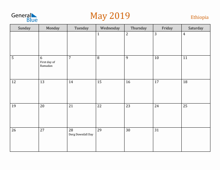 May 2019 Holiday Calendar with Sunday Start