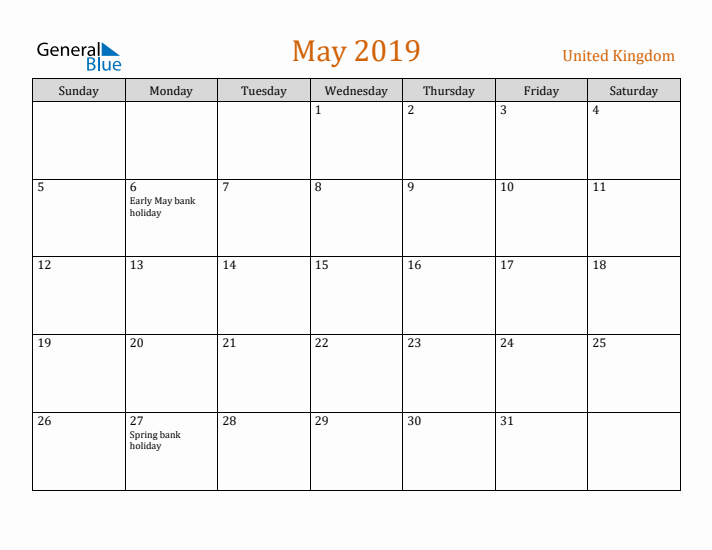 May 2019 Holiday Calendar with Sunday Start