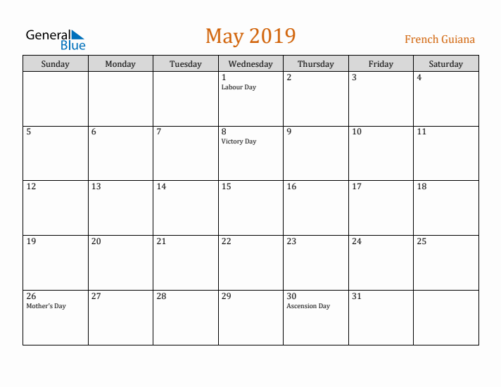 May 2019 Holiday Calendar with Sunday Start