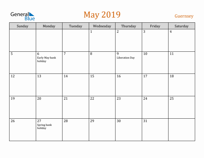 May 2019 Holiday Calendar with Sunday Start