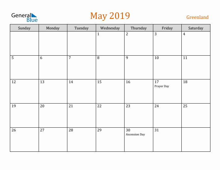 May 2019 Holiday Calendar with Sunday Start