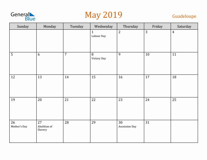 May 2019 Holiday Calendar with Sunday Start