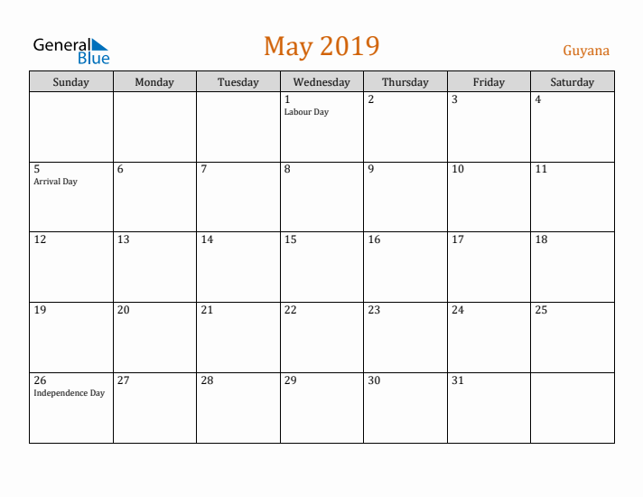 May 2019 Holiday Calendar with Sunday Start