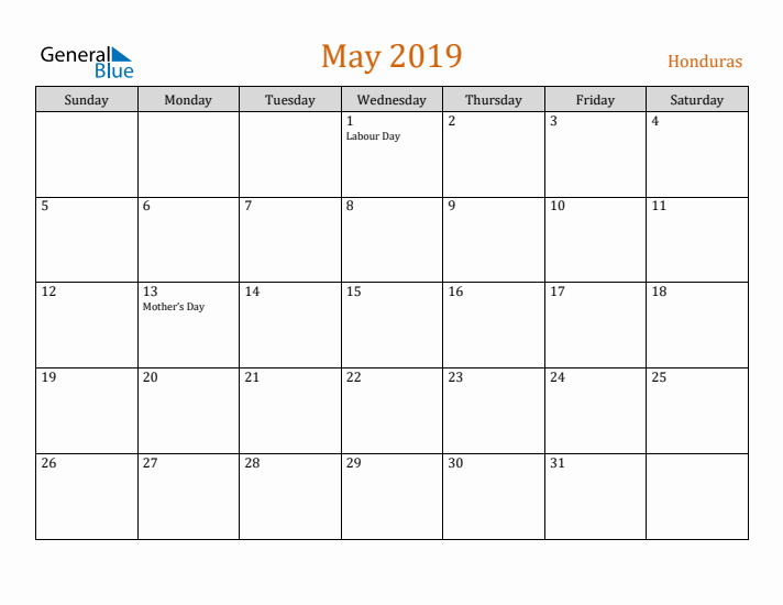 May 2019 Holiday Calendar with Sunday Start