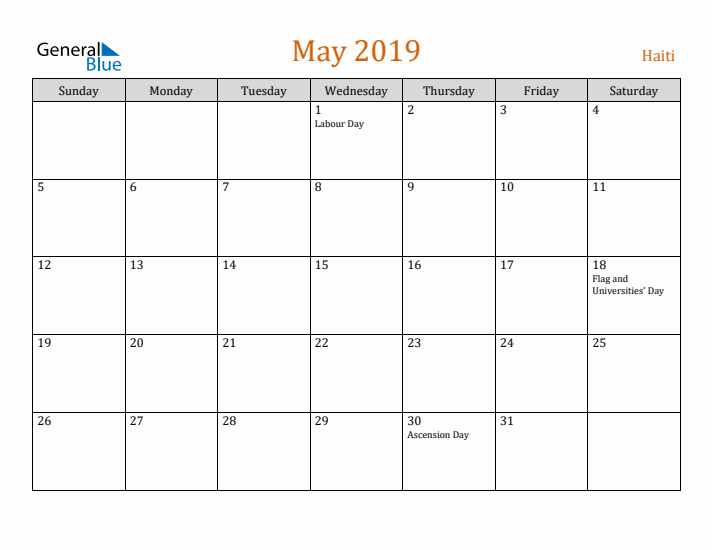 May 2019 Holiday Calendar with Sunday Start