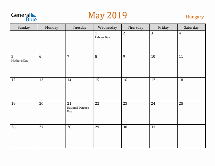 May 2019 Holiday Calendar with Sunday Start