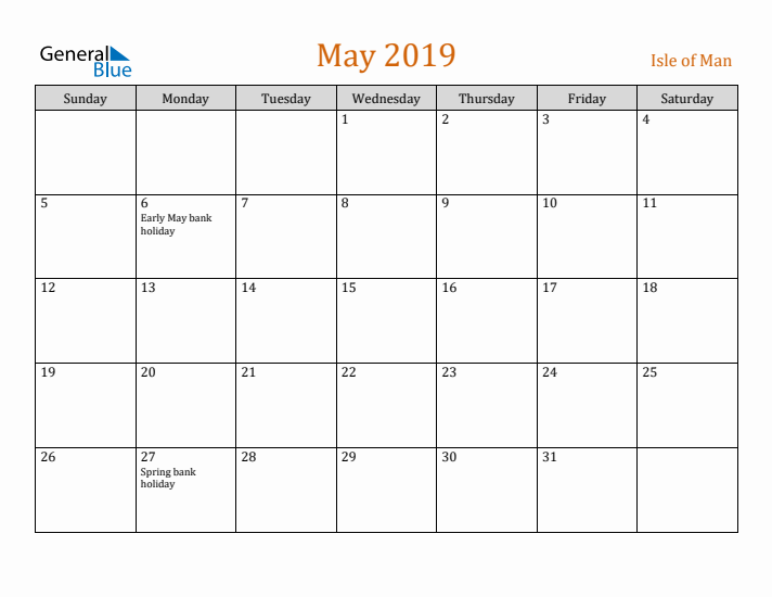 May 2019 Holiday Calendar with Sunday Start