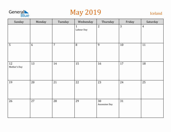 May 2019 Holiday Calendar with Sunday Start