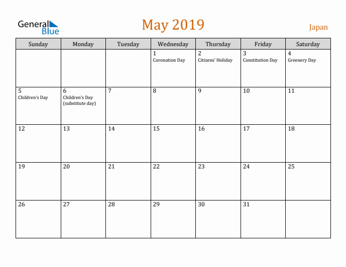 May 2019 Holiday Calendar with Sunday Start