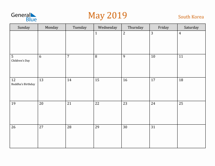 May 2019 Holiday Calendar with Sunday Start