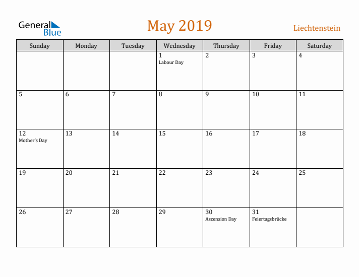 May 2019 Holiday Calendar with Sunday Start