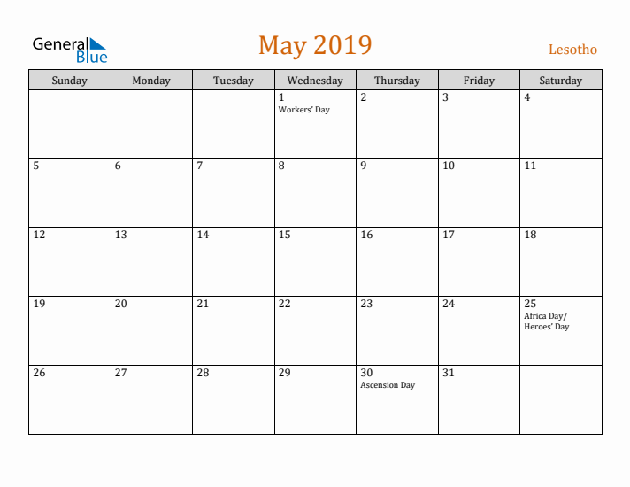 May 2019 Holiday Calendar with Sunday Start