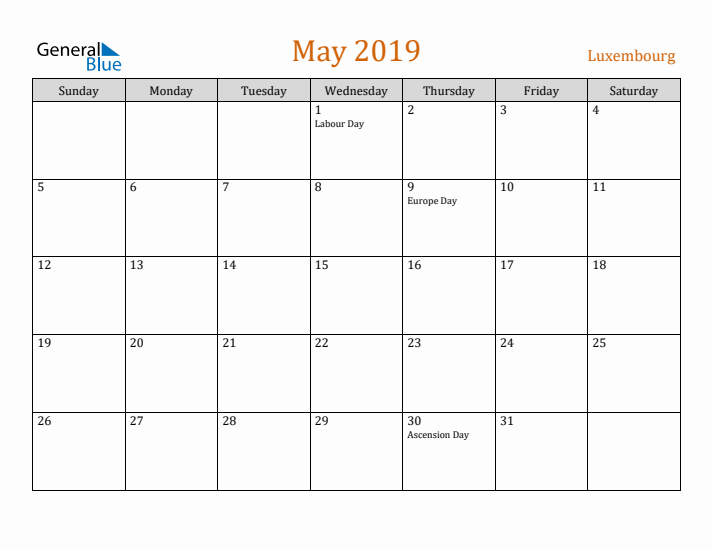 May 2019 Holiday Calendar with Sunday Start