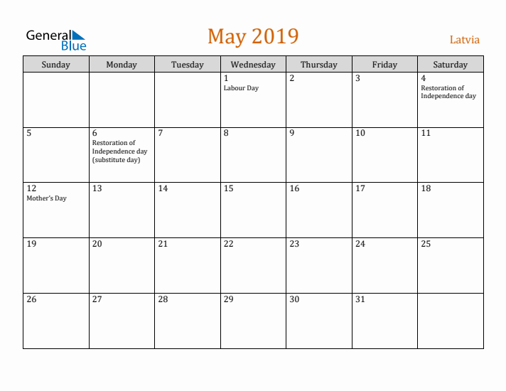 May 2019 Holiday Calendar with Sunday Start