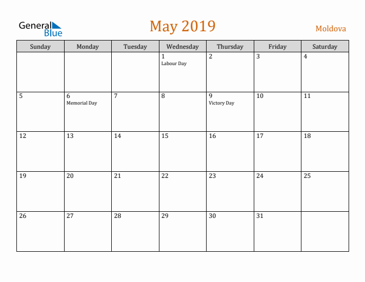 May 2019 Holiday Calendar with Sunday Start